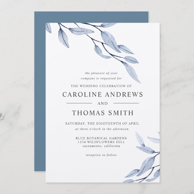 Etheral Blue | Elegant Botaniskt Löv bröllop Inbjudningar (Fram/baksida)