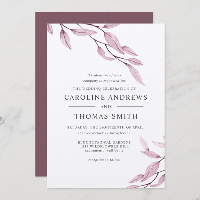 Etheral Burgundy | Botaniskt Löv bröllop Inbjudningar (Fram/baksida)
