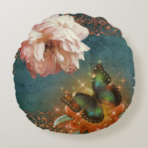 Etheral Butully Bokeh och Peony Teal och Peach Rund Kudde