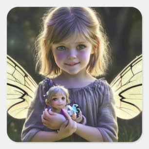 Etheral Cute Little Fairy Girl with Doll Fyrkantigt Klistermärke