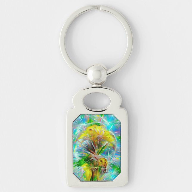 Etheral Dandelions i Neon Dreamscape Rektangulärt Silverfärgad Nyckelring (Framsidan)