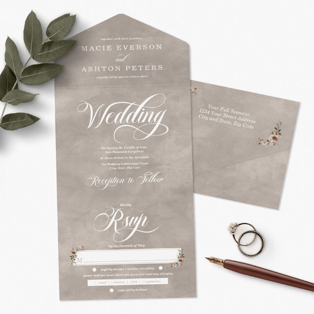 Etheral Elegance Beige Boho Watercolor Bröllop (Ethereal Elegance all-in-one invitations available in 6 colorways, each echoing your unique style.)