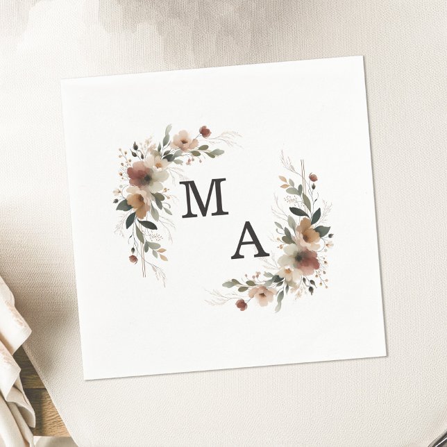 Etheral Elegance Blommigt WAN Bröllop Monogram Pappersservett (Wrap your celebration in elegance with our monogrammed napkins in 6 rustic hues.)