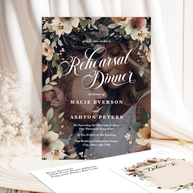 Etheral Elegance Rehearsal Dinner Photo Overlay Inbjudan Vykort (Elegant, affordable rehearsal dinner invites with a romantic cottagecore touch.)