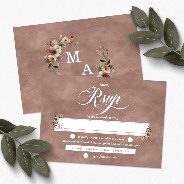 Etheral Elegance Rosewood Boho Blommigt Bröllop OSA Kort (Ethereal Elegance Meal Choice RSVP available in 6 colorways to Mix & Match.)