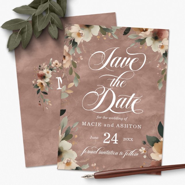 Etheral Elegance Rosewood Watercolor Bröllop Spara Datumet (Step into a world where love and nature intertwine, with our Ethereal Elegance Save the Dates.)