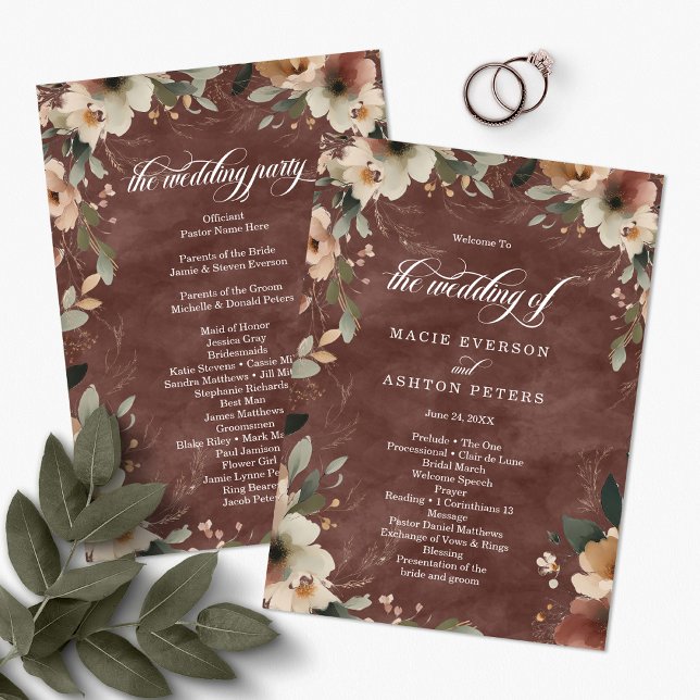 Etheral Elegance Rustic Garnet Bröllop Ceremony Program (Step into a world where love and nature intertwine, with our Ethereal Elegance Programs.)