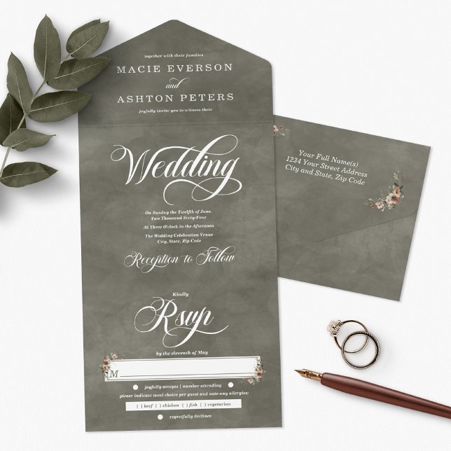 Etheral Elegance Sage Whisper Watercolor Bröllop (Ethereal Elegance all-in-one invitations available in 6 colorways, each echoing your unique style.)