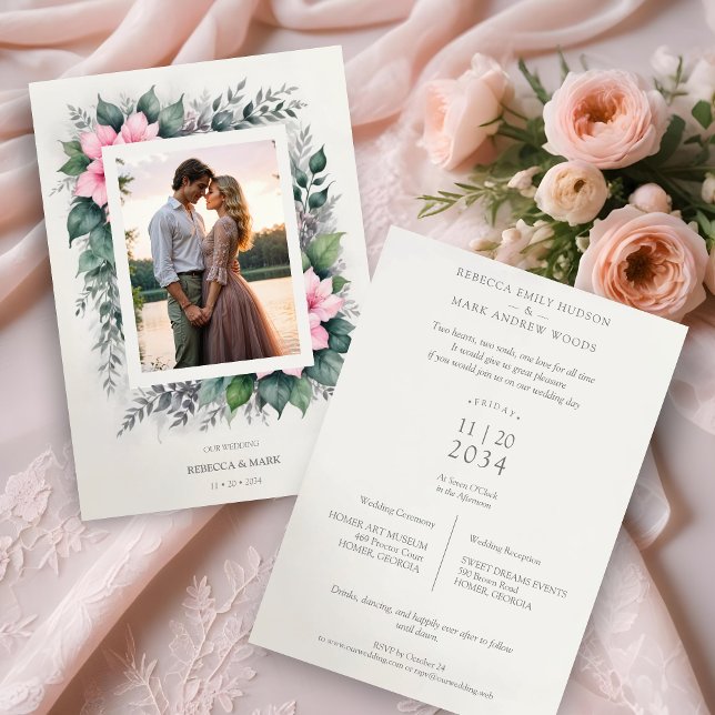 Etheral & Enchanting Botanical Soft Blommigt Photo Inbjudningar (Ethereal & Enchanting Botanical Soft Floral Photo Frame in Pink Wedding Invitations Cards.)