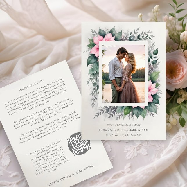 Etheral & Enchanting Botanical Soft Blommigt Photo Spara Datumet (Ethereal & Enchanting Botanical Soft Floral Photo Frame in Pink Wedding Save the Dates Cards. )
