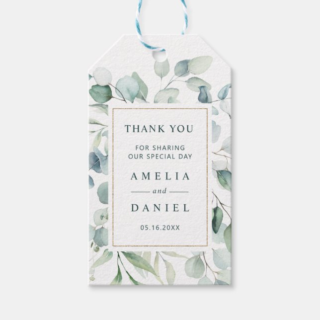 Etheral Eucalyptus Guld Grönt Bröllop Tack Presentetikett (Framsidan)