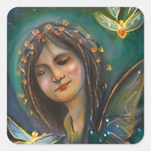 Etheral Fairy Girl och Golden Butterfly Fyrkantigt Klistermärke