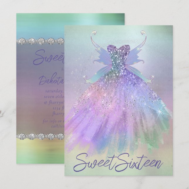 Etheral Fairy Gown | Rainbow Ombre Pastel Sheen Inbjudningar (Fram/baksida)