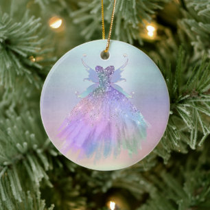 Etheral Fairy Gown Rainbow Ombre Pastel Sheen Julgransprydnad Keramik