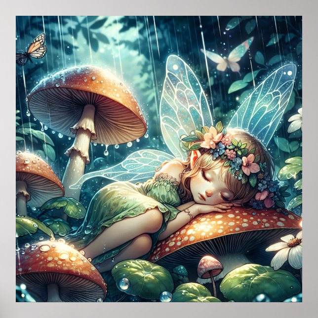 Etheral Fairy Sleeping on a Mushroom Poster (Framsidan)
