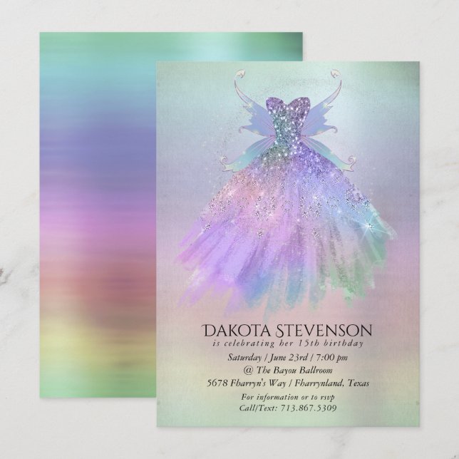 Etheral Fairy Vinge Gown | Rainbow Pastel Sheen Inbjudningar (Fram/baksida)