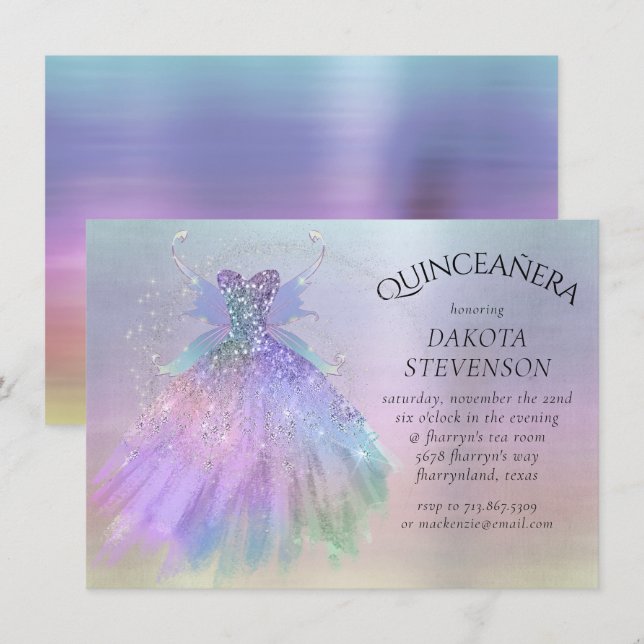 Etheral Fairy Vinge Gown | Rainbow Pastel Sheen Inbjudningar (Fram/baksida)