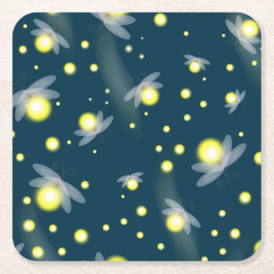 Etheral Glowing Fireflies i Night Mönster Underlägg Papper Kvadrat