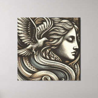 Etheral Goddess med Dove - Engraved Woodcut Sty Canvastryck