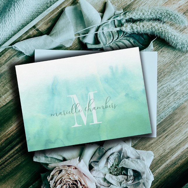 Etheral Grönt Watercolor Monogram Anteckningskort (Skapare uppladdad)