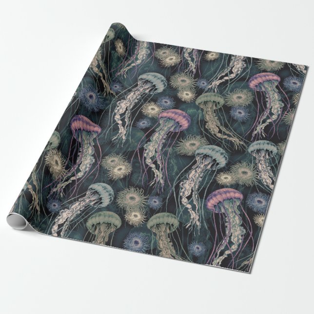 Etheral Jellyfish och Anemones in Teal and Rosa Presentpapper (Utrullad)