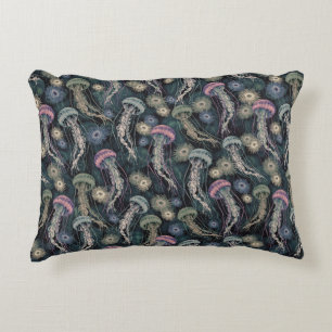 Etheral Jellyfish och Anemones in Teal and Rosa Prydnadskudde