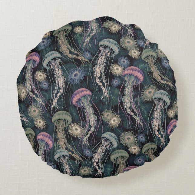 Etheral Jellyfish och Anemones in Teal and Rosa Rund Kudde (Baksidan)