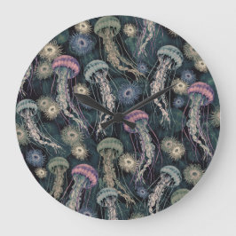 Etheral Jellyfish och Anemones in Teal and Rosa Stor Klocka