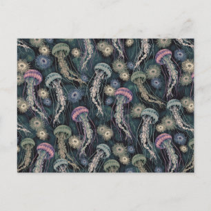 Etheral Jellyfish och Anemones in Teal and Rosa Vykort