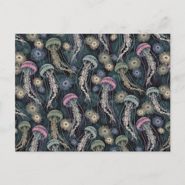 Etheral Jellyfish och Anemones in Teal and Rosa Vykort (Framsida)