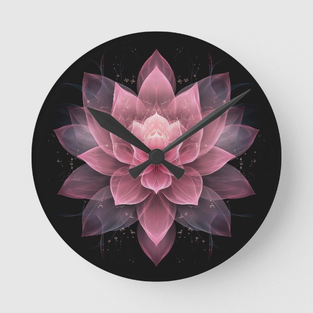 Etheral Lotus Flower - Ljus rosa Black Yoga Rund Klocka (Framsida)