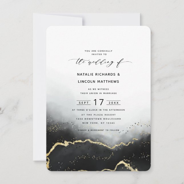 Etheral Mist Ombre Black Gold Foil Script Bröllop Inbjudningar (Framsida)