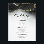 Etheral Mist Ombre Black Watercolor Moody Middag Meny<br><div class="desc">Etheral Mist Ombre Black Watercolor Moody Bröllop Design med handmålad vattenfärgsmisti tvättar tonande bakgrund struktur, guld-folie ser veande linjer, och spår av konetti punkter och kant. Ett trendig och Modern Leta efter vilken säsong som helst, med mjuk färg-palett: Svart, Grått, Vit och guld, med en chic, populär penselskript med texten...</div>
