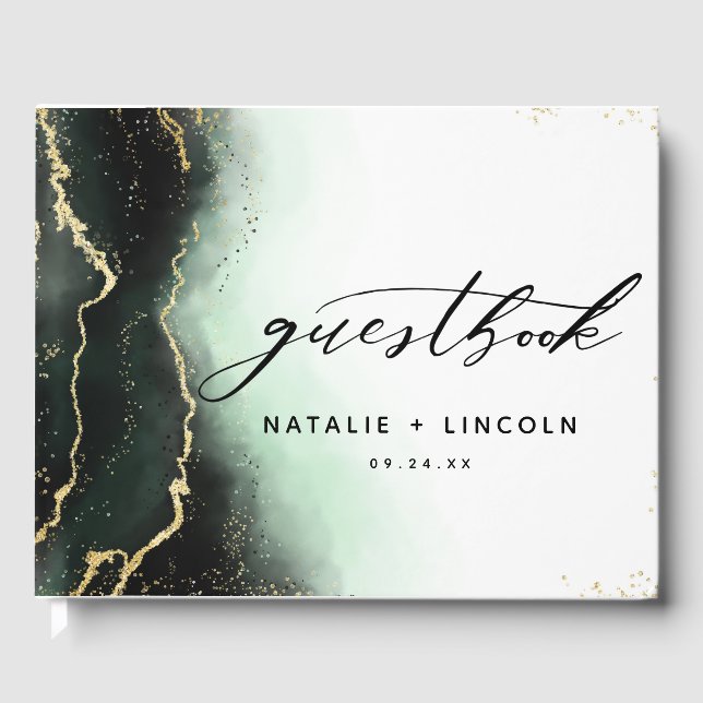 Etheral Mist Ombre Emerald Grönt Gilded Bröllop Gästböcker (Framsida)