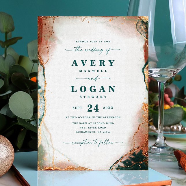 Etheral Teal & Copper Magnetic Wedding bjudande (Teal and Copper Abstract Wedding Magnetic Invitation)