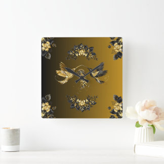 Etheral Unison: Black and Guld Graphic Art Fyrkantig Klocka