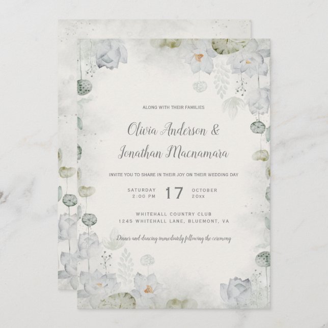 Etheral White Blommigt Sage Grönt Teal Ivory Inbjudningar (Fram/baksida)