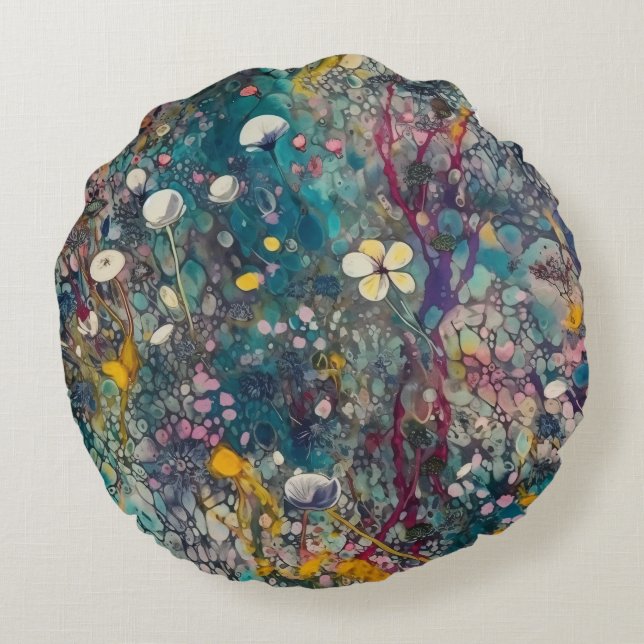 Etheral Wildblomma Dreams Abstrakt Art Design Rund Kudde (Baksidan)
