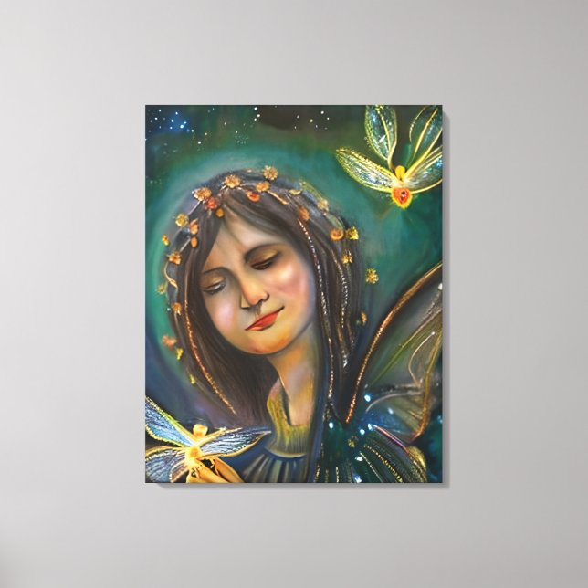 Etheral Woman Holding Guld Fairylike Butterflies Canvastryck (Framsida)