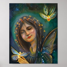 Etheral Woman Holding Guld Fairylike Butterflies Poster
