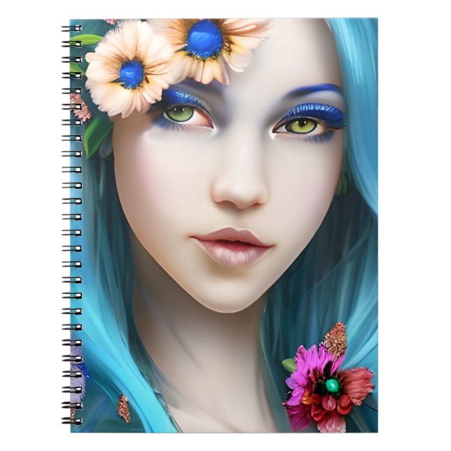 Etheral Woman med Blommor i hennes blå hår Anteckningsbok (Framsidan)