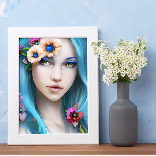 Etheral Woman med Blommor i hennes blå hår Poster