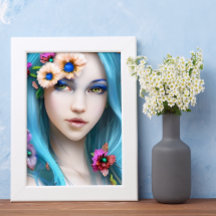 Etheral Woman med Blommor i hennes blå hår