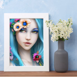 Etheral Woman med Blommor i hennes blå hår Poster