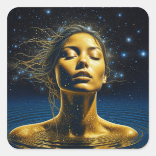 Etheral Woman Meditating under Stars Fyrkantigt Klistermärke