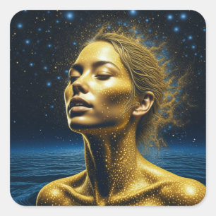 Etheral Woman Meditating under Stars Fyrkantigt Klistermärke
