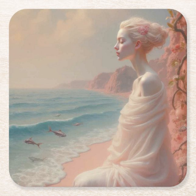Etheral Woman på Dreamy Beach Underlägg Papper Kvadrat (Framsidan)