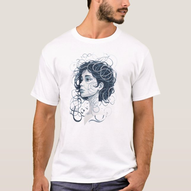 Etheral Woman Porträtt - Abstrakt Swirling Hair T Shirt (Framsida)