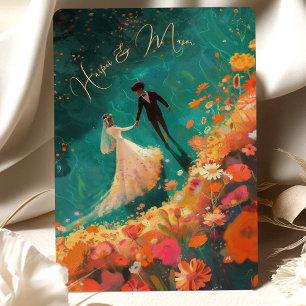 Ethereal Blooms - Teal och Coral Bröllopssvit Inbjudningar