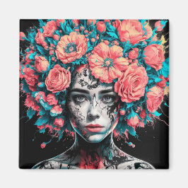 Ethereal Blossoms: Surreal Portrait in Ink and Wat Magnet